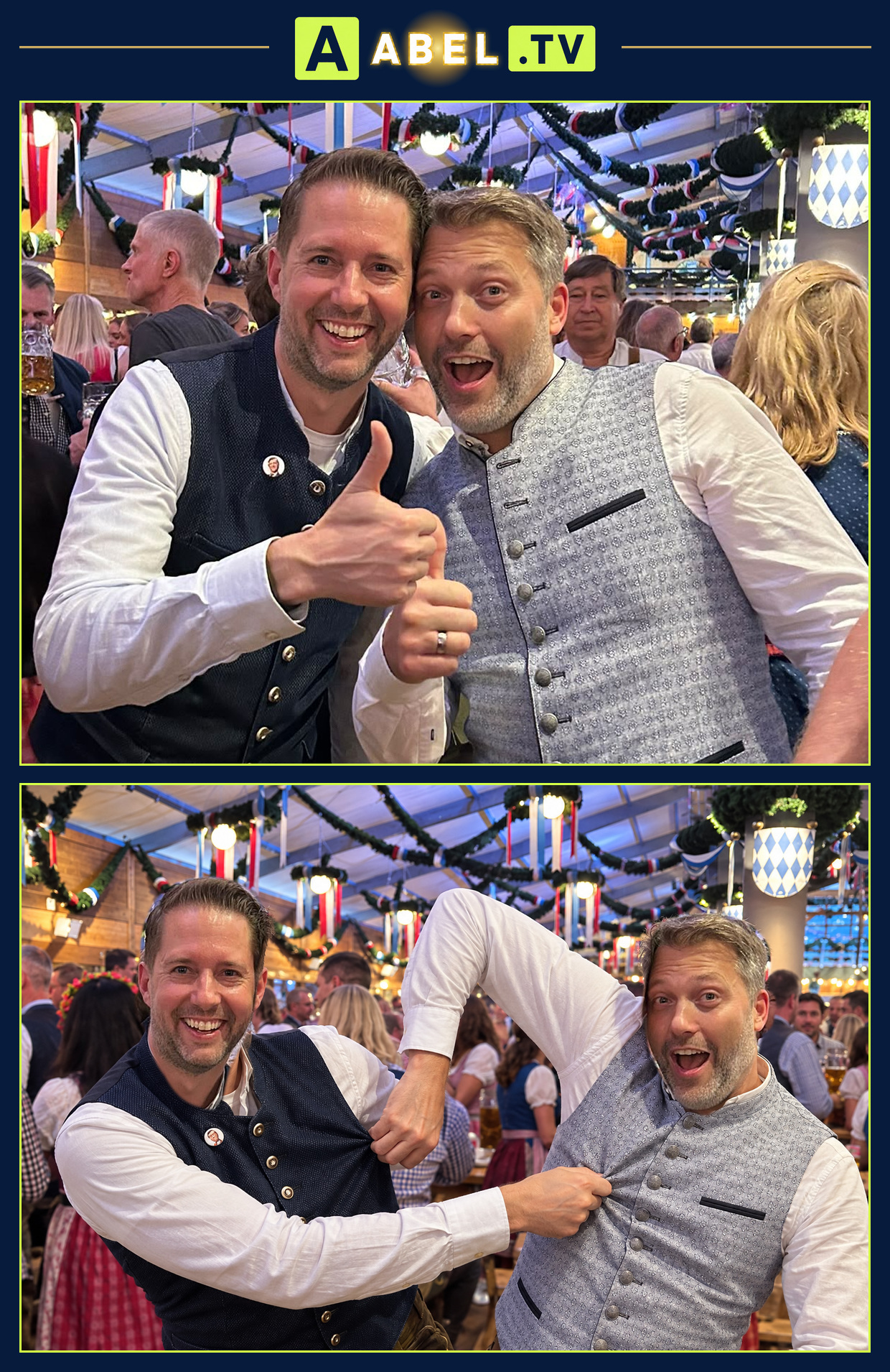 Andreas S. und Reinhard S.: oben das Originalfoto in Tracht im Festzelt; unten eine KI-gestützte Fotomontage mit spielerischem gegenseitigem Zwicken durch die Kleidung.