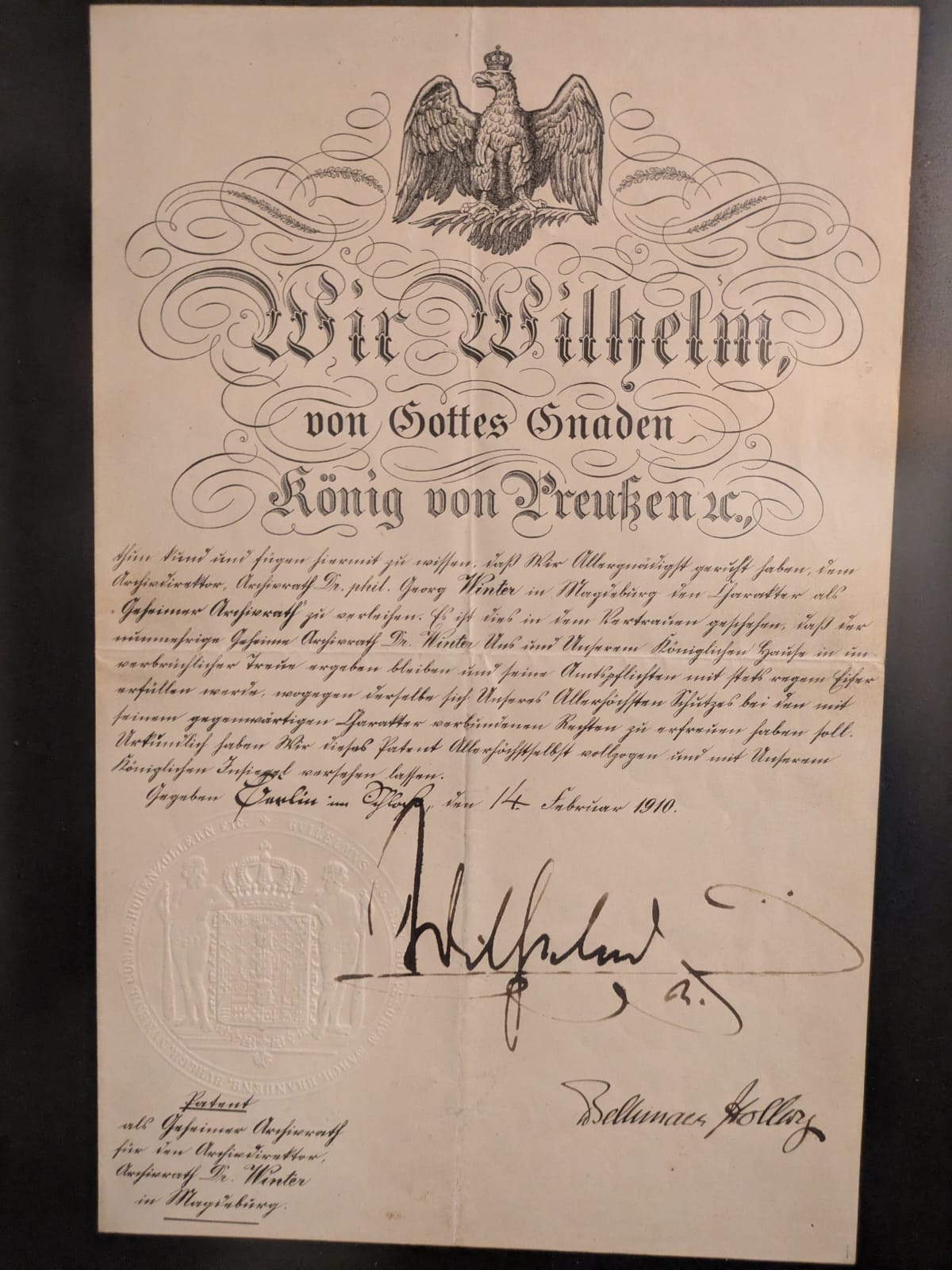 Urkunde vom 14. Februar 1910: Charakter als Geheimer Archivrat